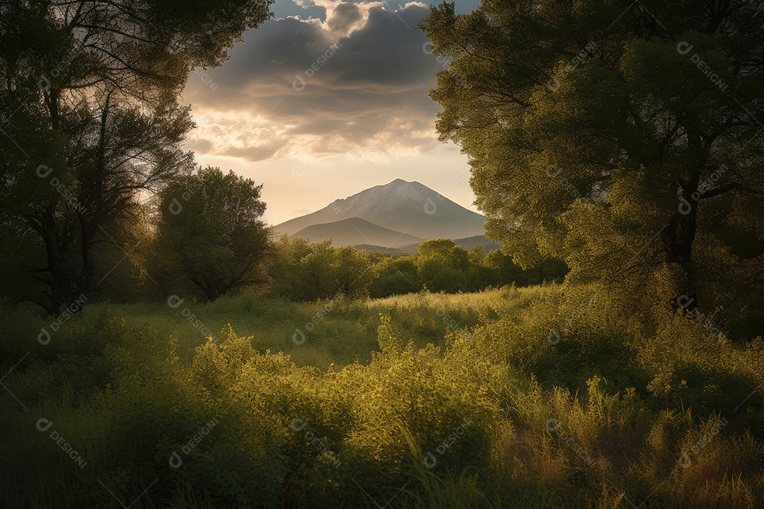 Majestoso pico de montanha numa paisagem verdejante.