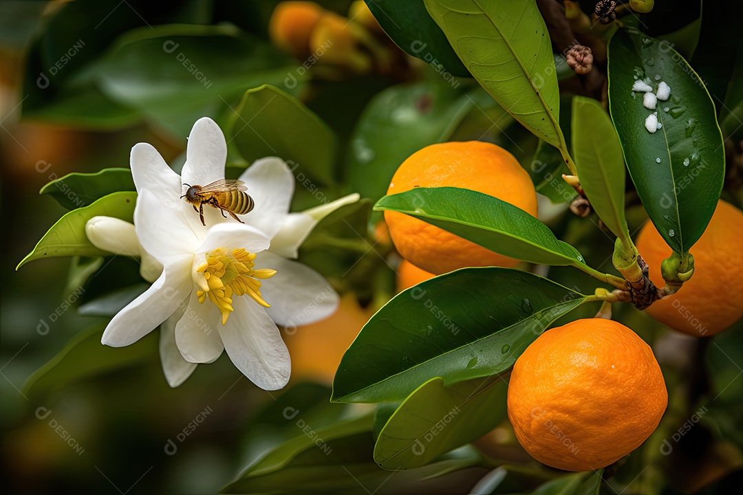 Laranjeira cheia de frutas maduras e abelhas zumbindo.