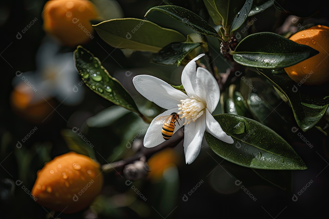 Laranjeira cheia de frutas maduras e abelhas zumbindo.