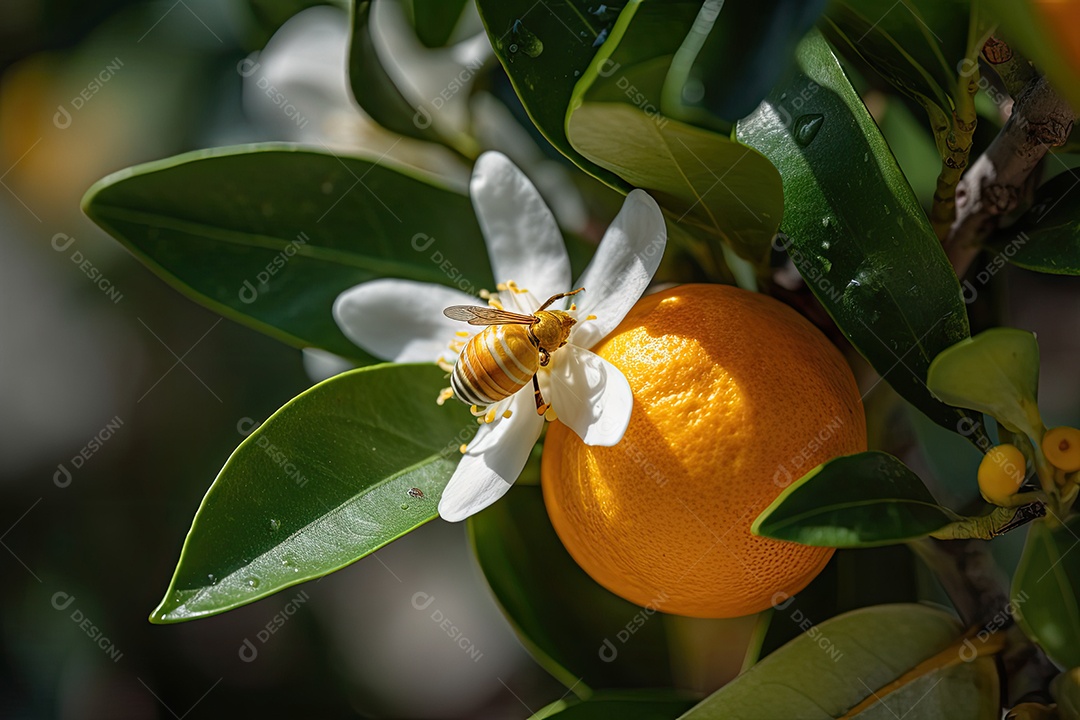 Laranjeira cheia de frutas maduras e abelhas zumbindo.