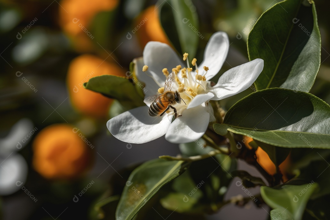 Laranjeira cheia de frutas maduras e abelhas zumbindo.
