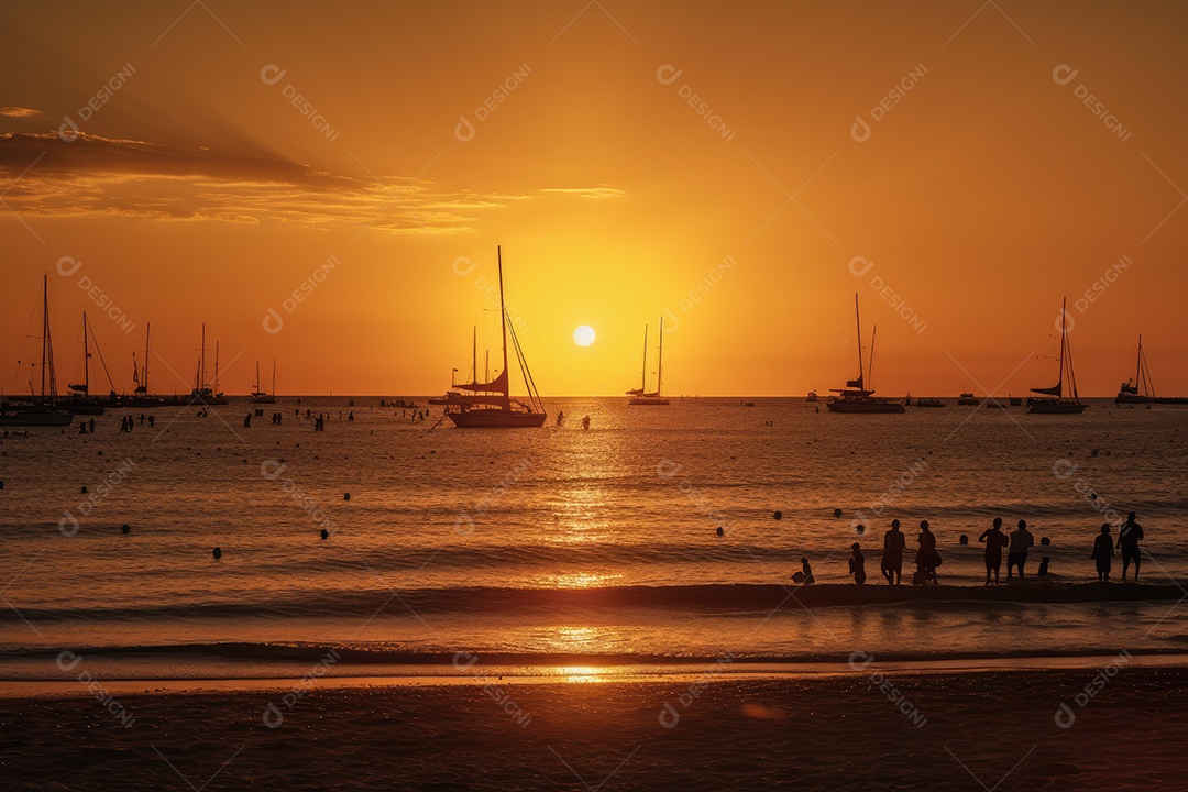 Praia dourada, mar calmo, gente brincando. Felicidade à beira-mar.
