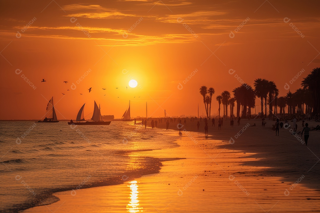 Praia dourada, mar calmo, gente brincando.