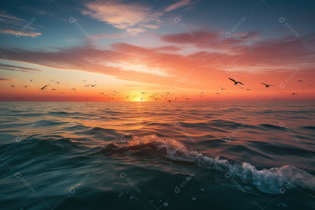 Mar aberto, barcos, pôr do sol. Cenário mágico.