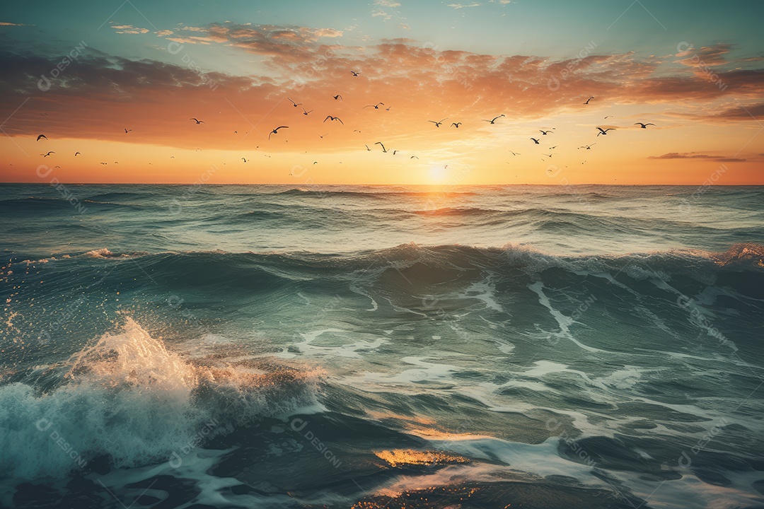 Mar aberto, barcos, pôr do sol. Cenário mágico.