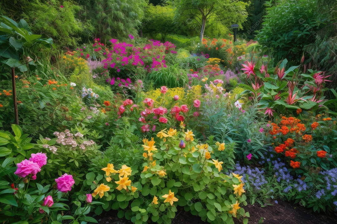 Jardim florido com vida e cores vibrantes.