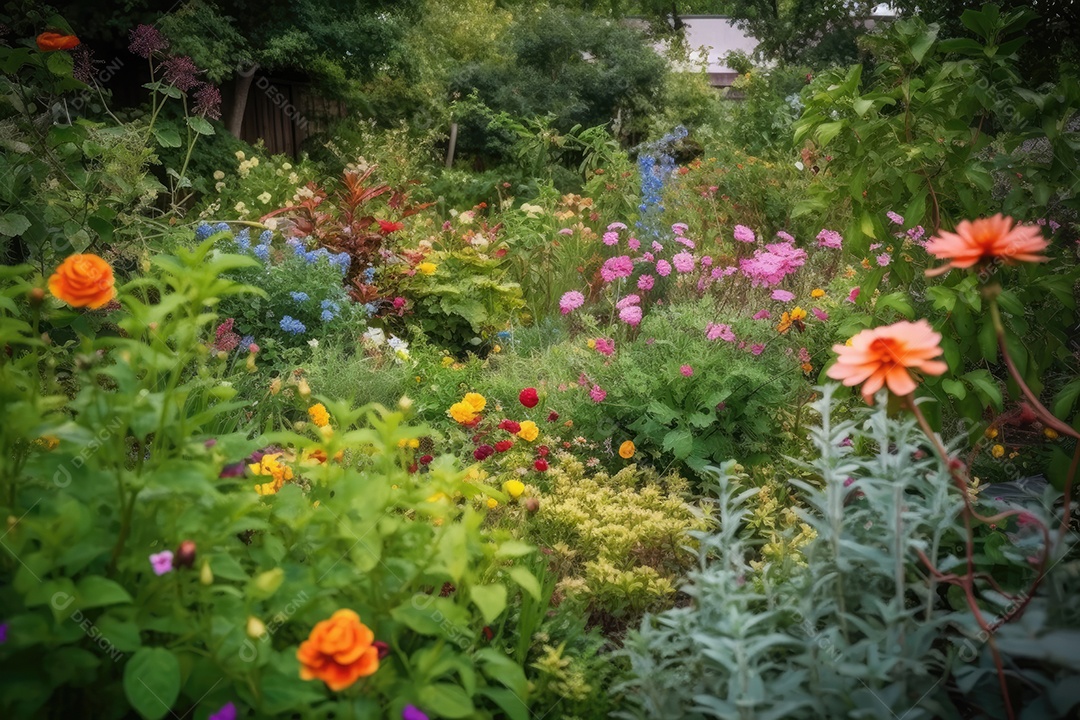 Jardim florido com vida e cores vibrantes.