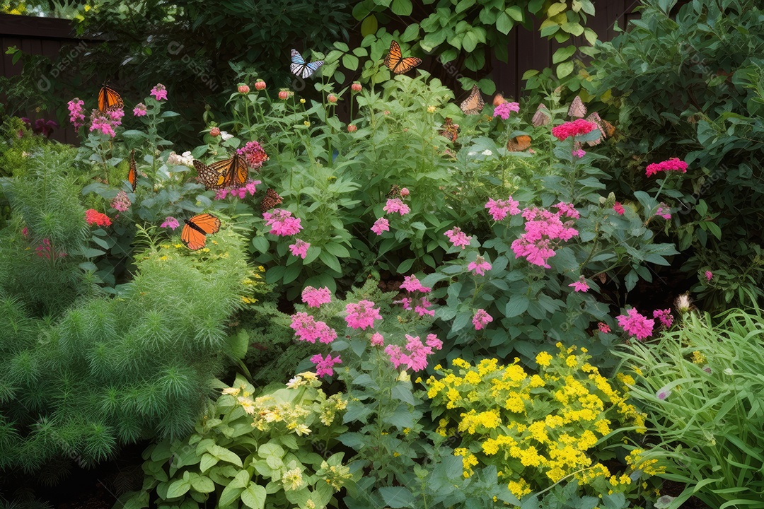 Jardim florido com vida e cores vibrantes.