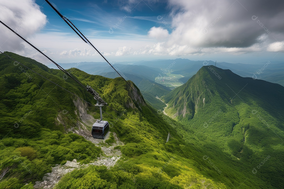 Teleférico: montanhas majestosas, vales verdes e coloridas cabines suspensas.