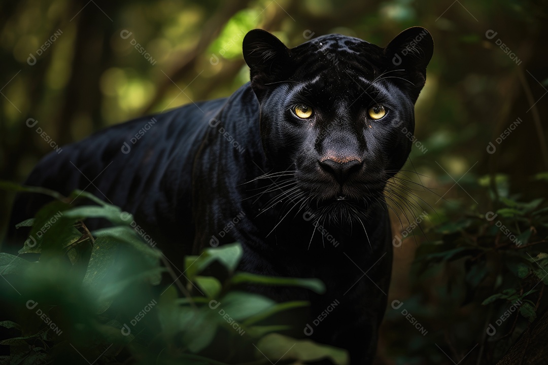 A majestosa pantera negra surge na selva. Elegância feroz. Olhos esmeraldas hipnotizantes.