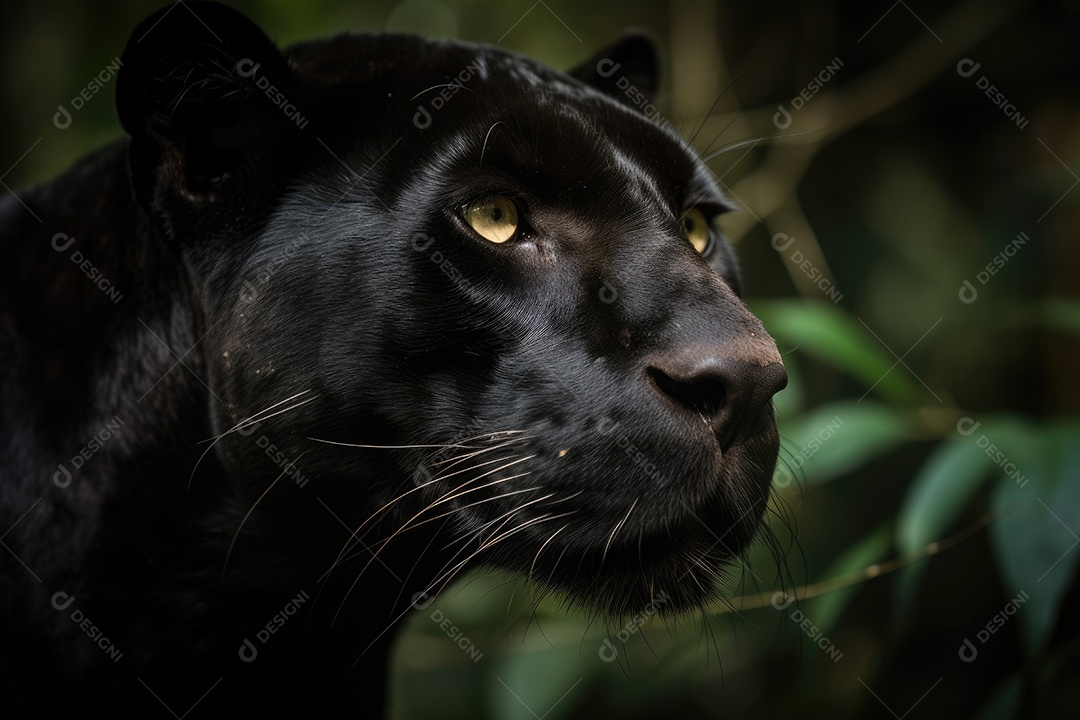 A majestosa pantera negra surge na selva. Elegância feroz. Olhos esmeraldas hipnotizantes.