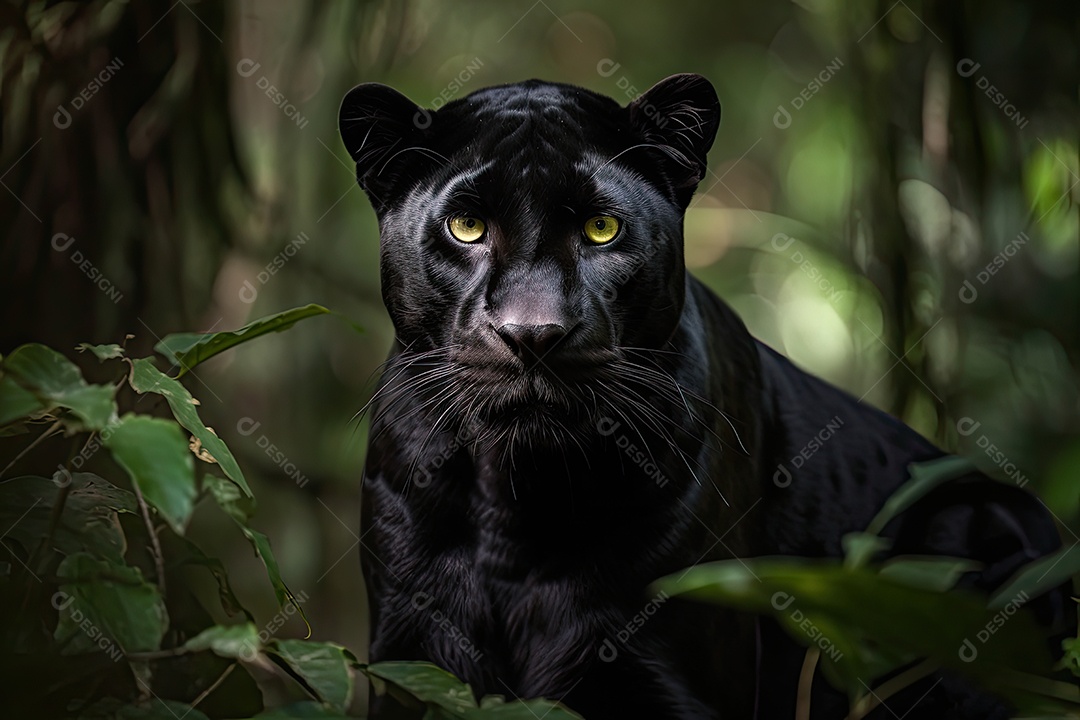 A majestosa pantera negra surge na selva. Elegância feroz. Olhos esmeraldas hipnotizantes.