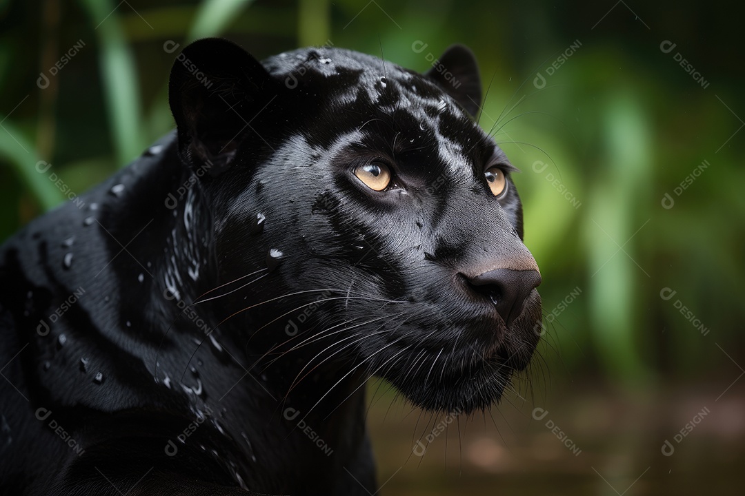 A majestosa pantera negra surge na selva. Elegância feroz. Olhos esmeraldas hipnotizantes.
