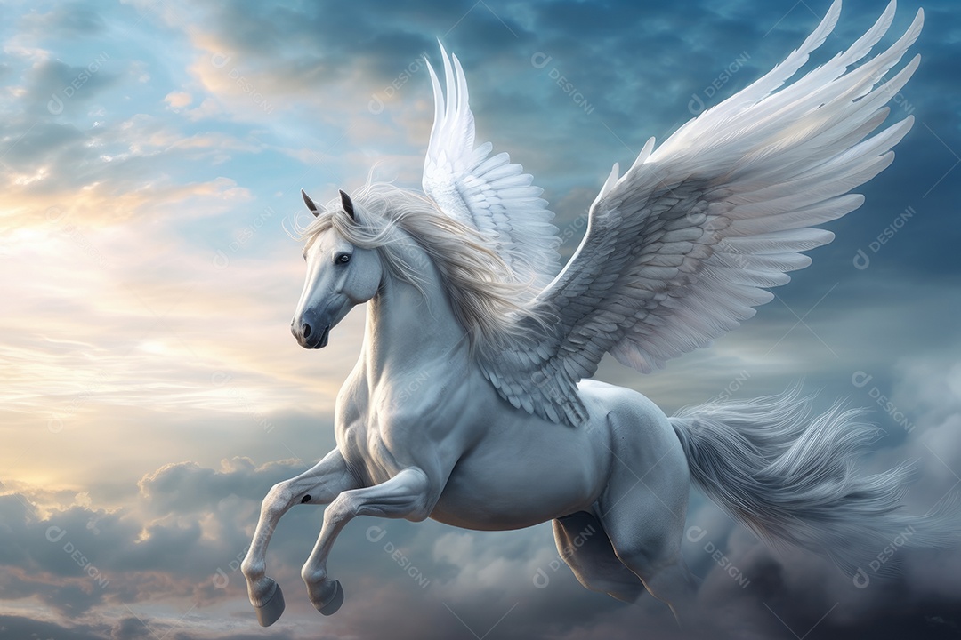 Pegasus voa majestosamente pelos céus azuis.