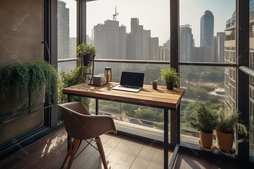 Varanda moderna com design minimalista, plantas e vista urbana.