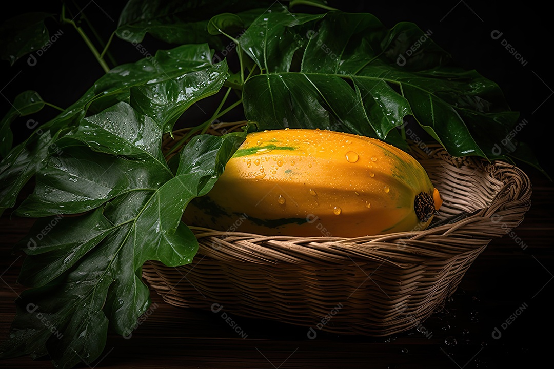 Mamão maduro em cesta de palha com folhas verdes.