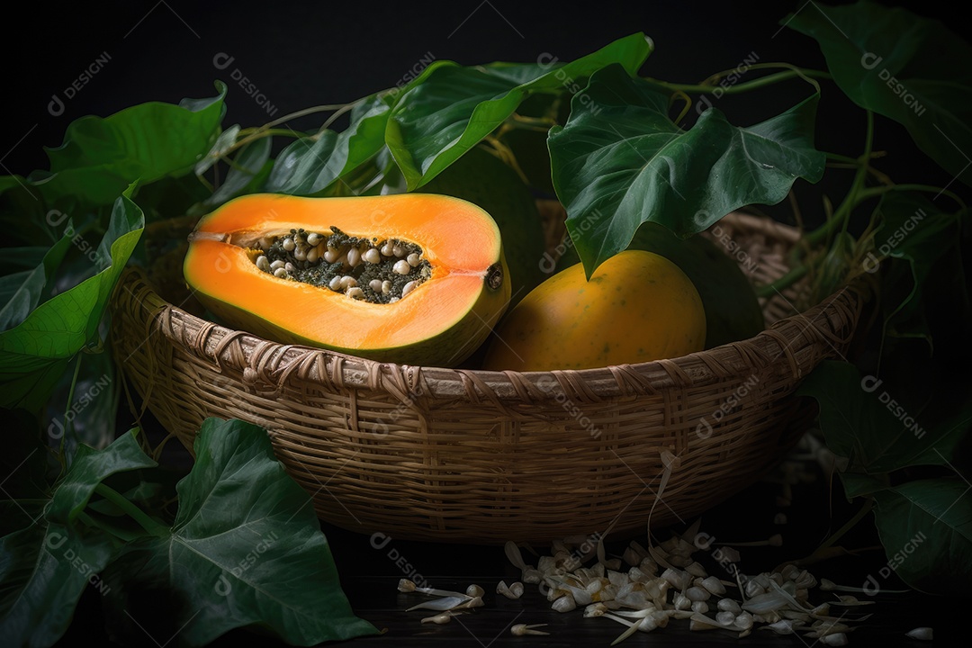 Mamão maduro em cesta de palha com folhas verdes.