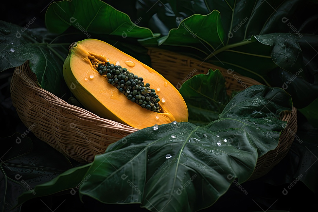 Mamão maduro em cesta de palha com folhas verdes.