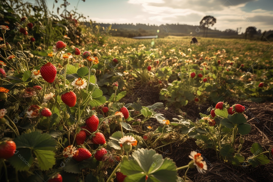 Morangos em um campo fértil