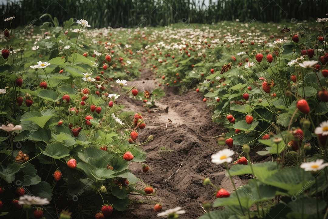 Morangos em um campo fértil
