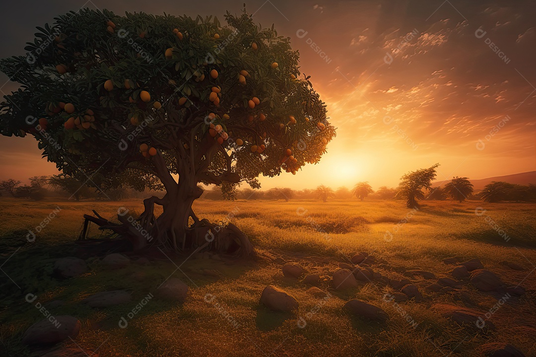 Pôr do sol banhado a árvore de manga