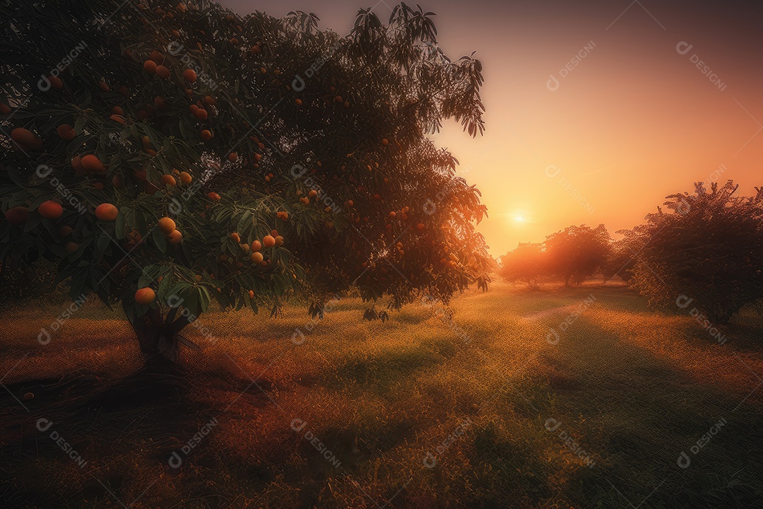 Pôr do sol banhado a árvore de manga