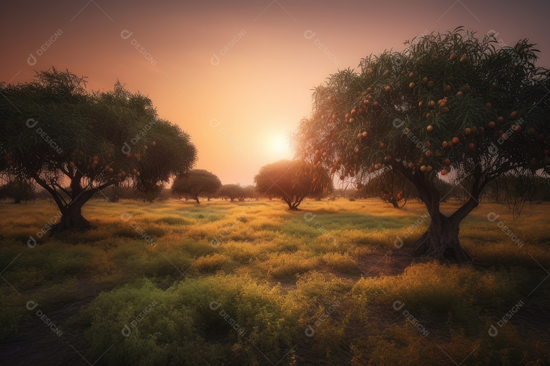 Pôr do sol banhado a árvore de manga