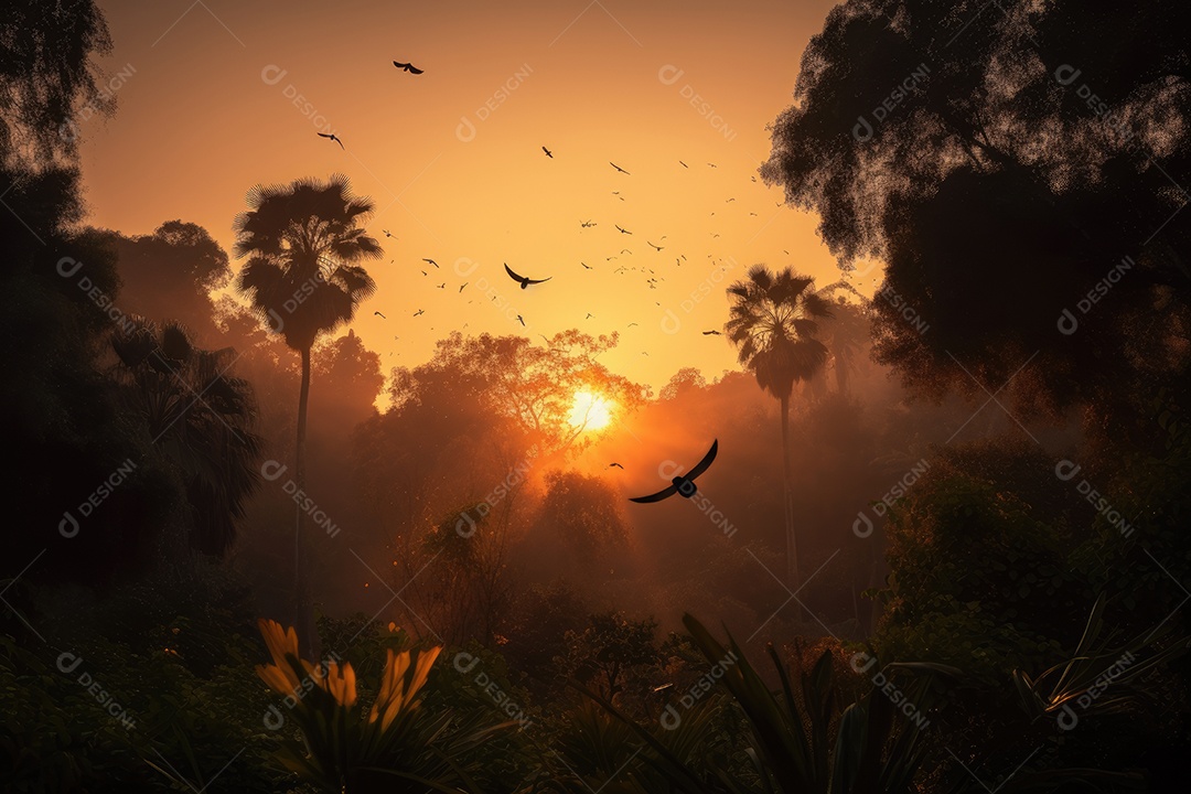 Pôr do sol, palmeiras e natureza exuberante.