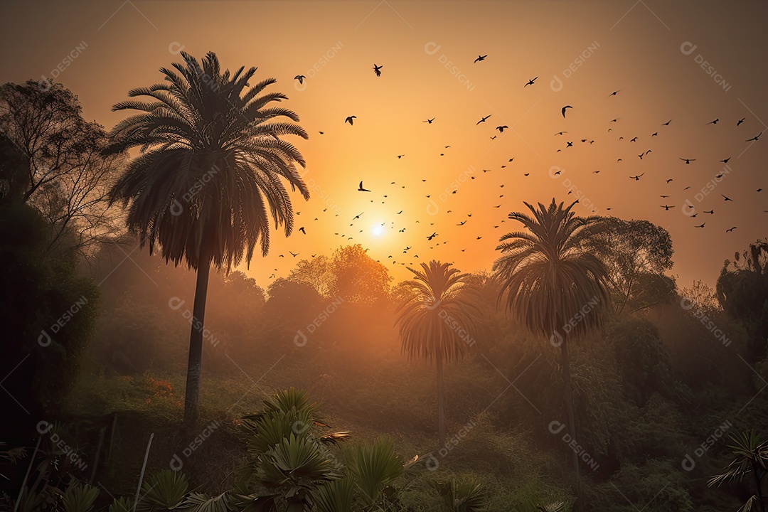 Pôr do sol, palmeiras e natureza exuberante.
