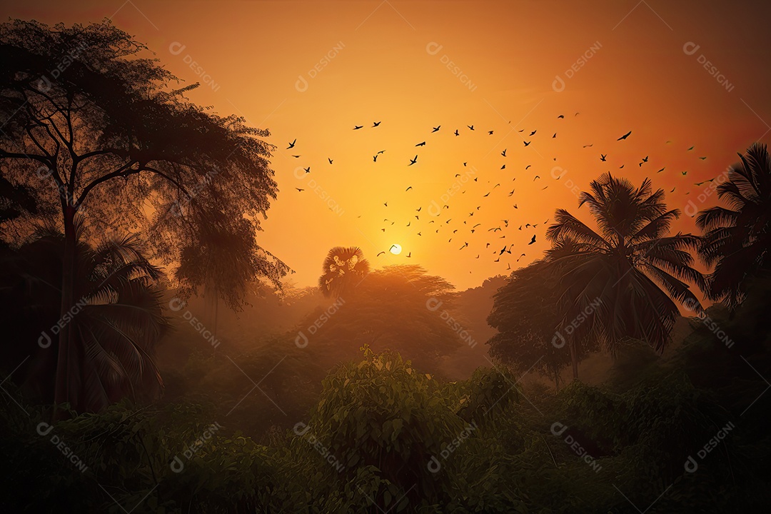Pôr do sol, palmeiras e natureza exuberante.