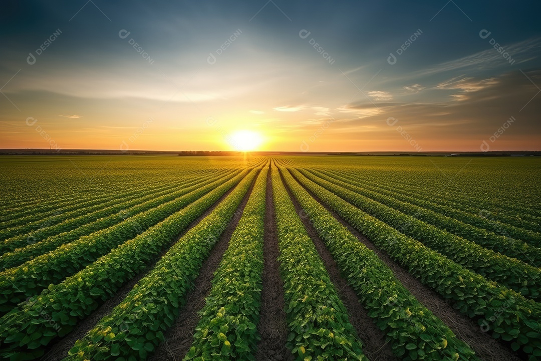 Vasta plantação de soja em plena floração, colheitadeiras trabalhando sob o sol.