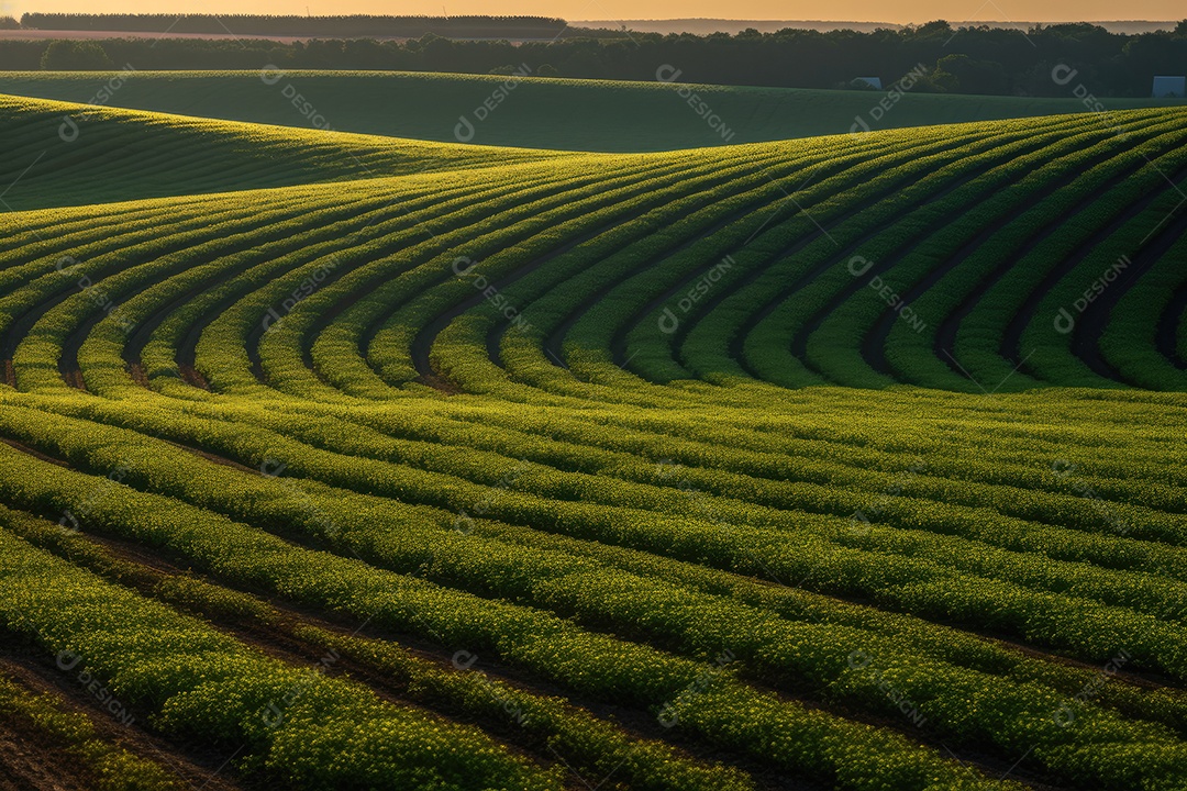 Vasta plantação de soja em plena floração, colheitadeiras trabalhando sob o sol.