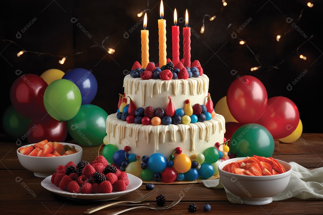 Bolo de três andares decorado com frutas e velas.