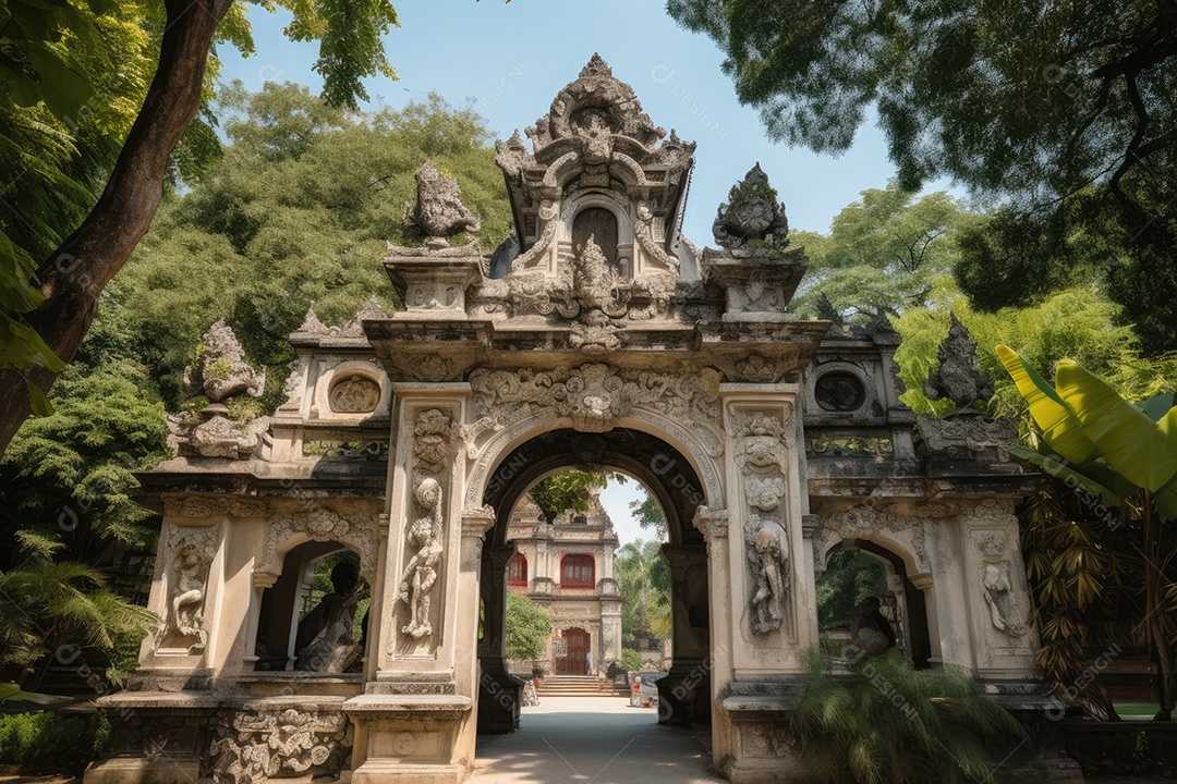Lindo ponto turístico: arco, esculturas, jardins e prédio histórico.