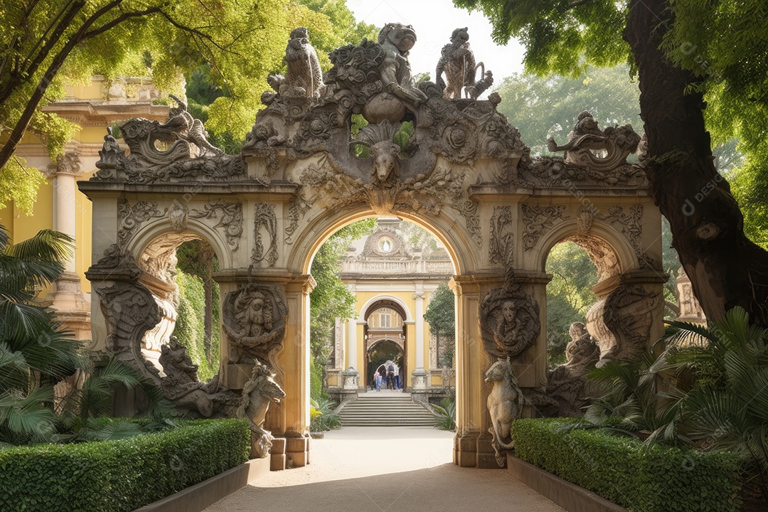 Lindo ponto turístico: arco, esculturas, jardins e prédio histórico.