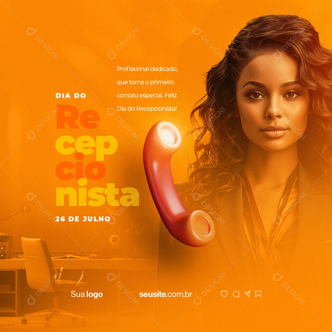 Dia do Recepcionista Profissional Dedicado Social Media PSD Editável