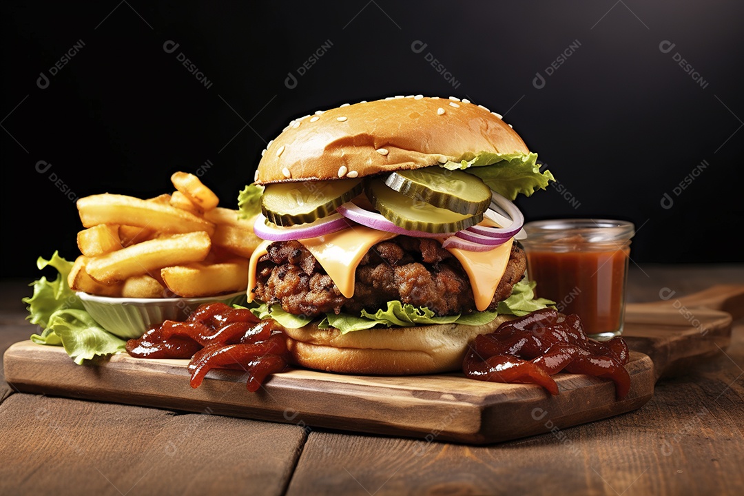 Hambúrguer saboroso de carne com queijo e salada