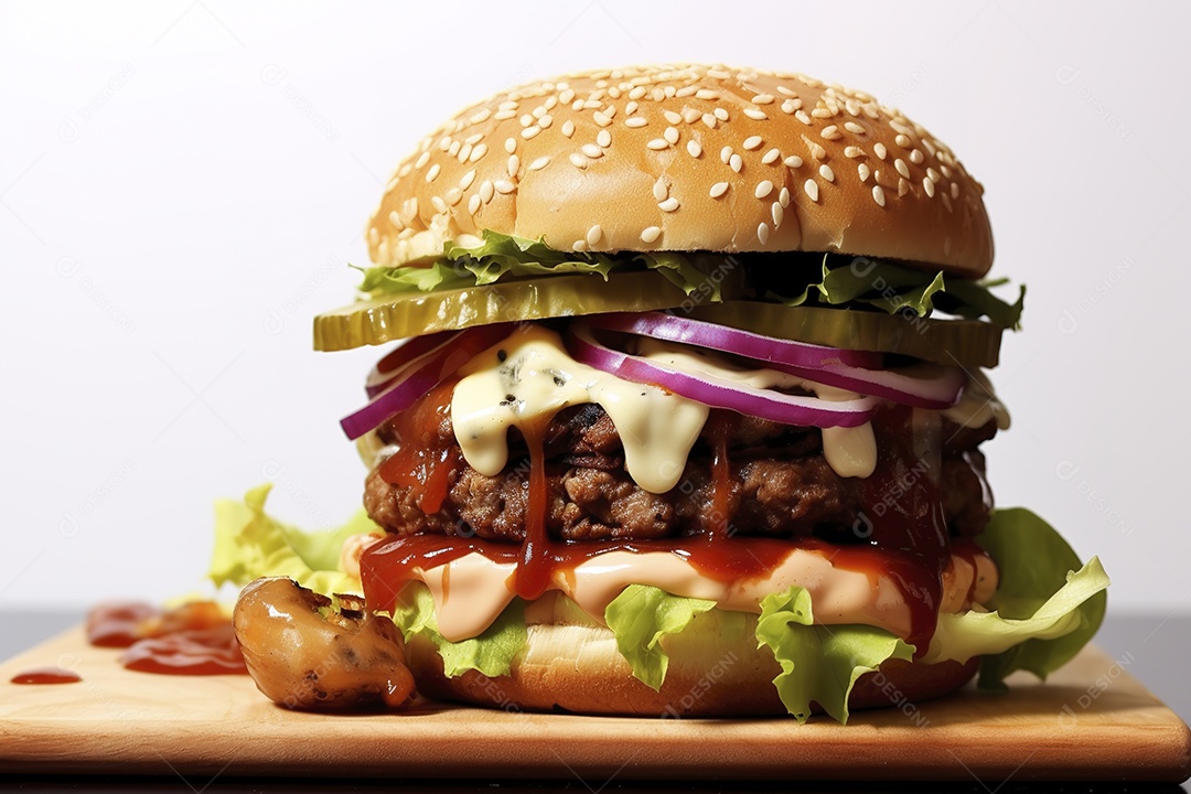 Hambúrguer saboroso de carne com queijo e salada