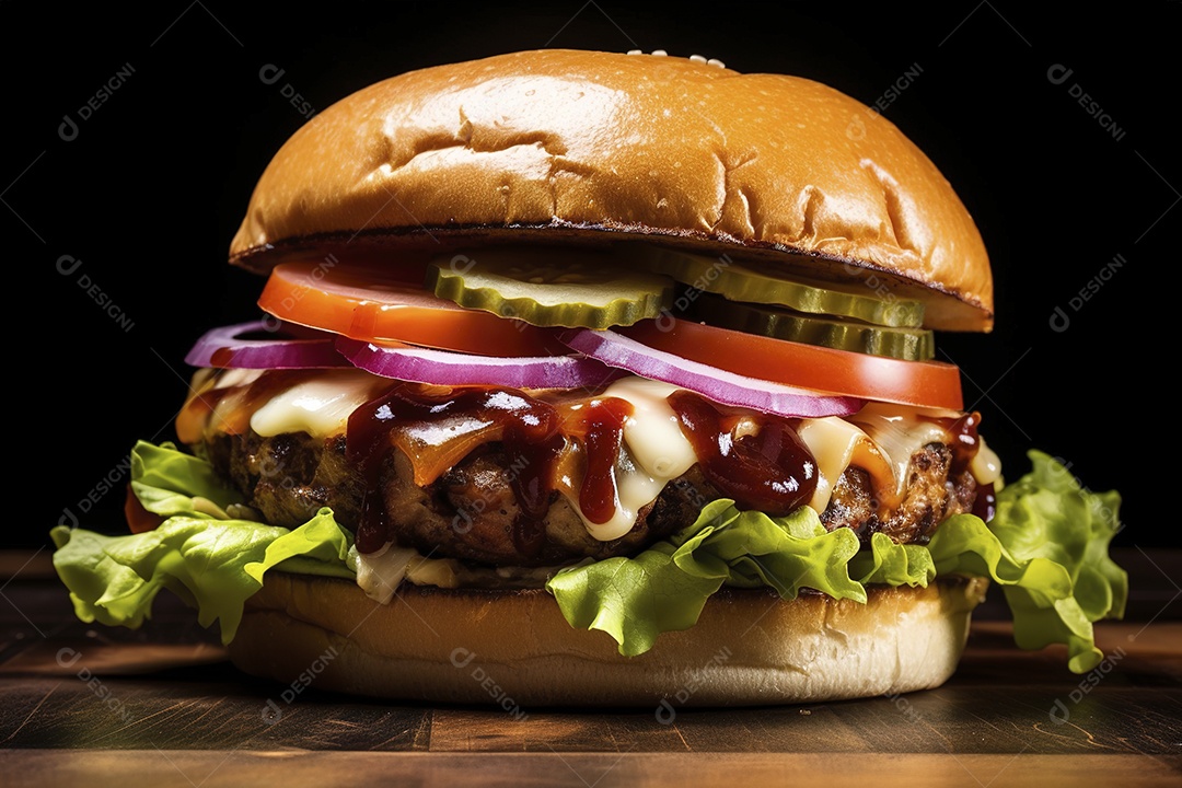 Hambúrguer saboroso de carne com queijo e salada