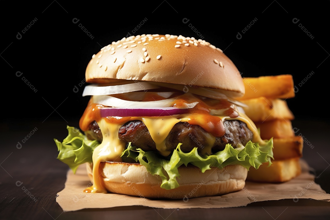 Hambúrguer saboroso de carne com queijo e salada