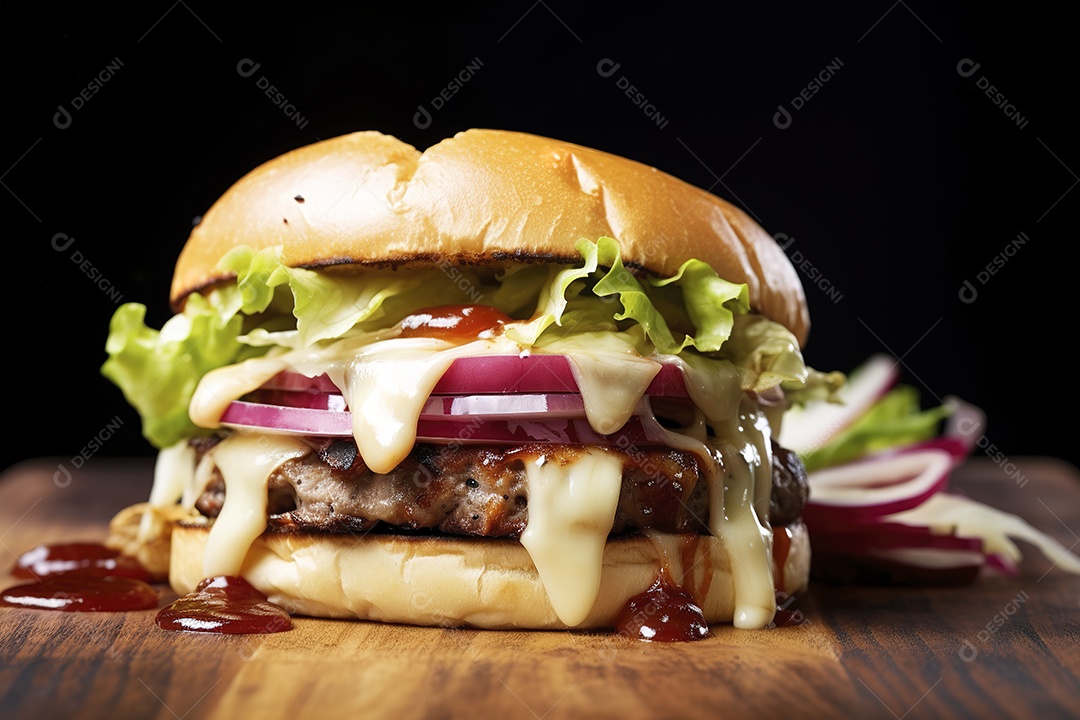 Hambúrguer saboroso de carne com queijo e salada