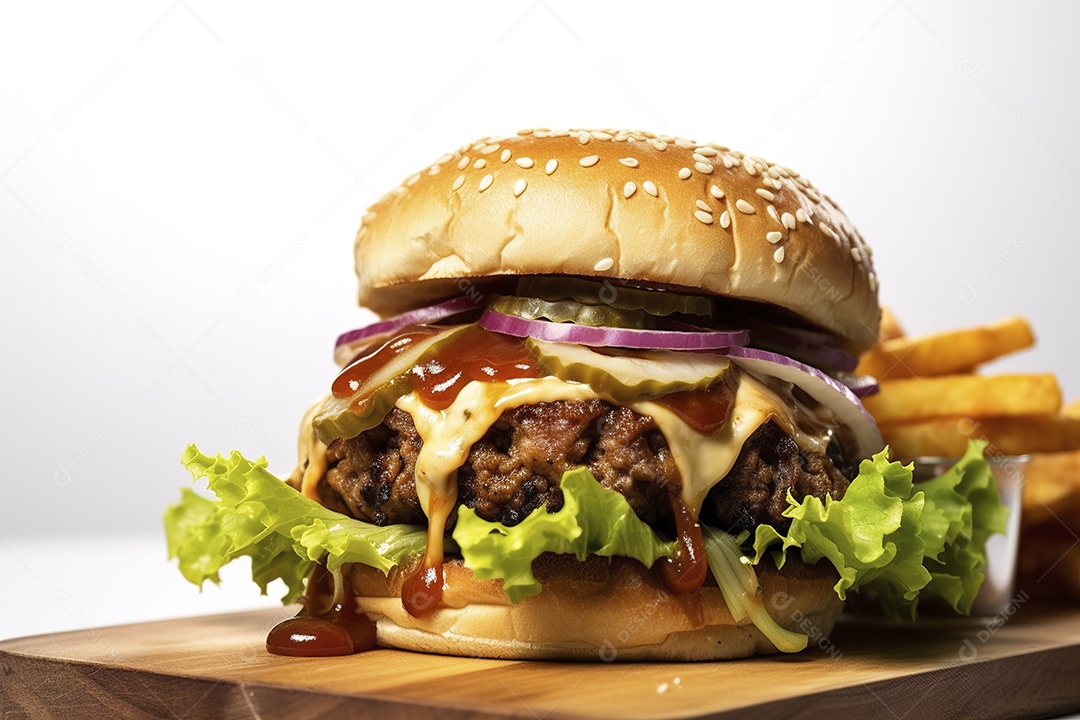 Hambúrguer saboroso de carne com queijo e salada