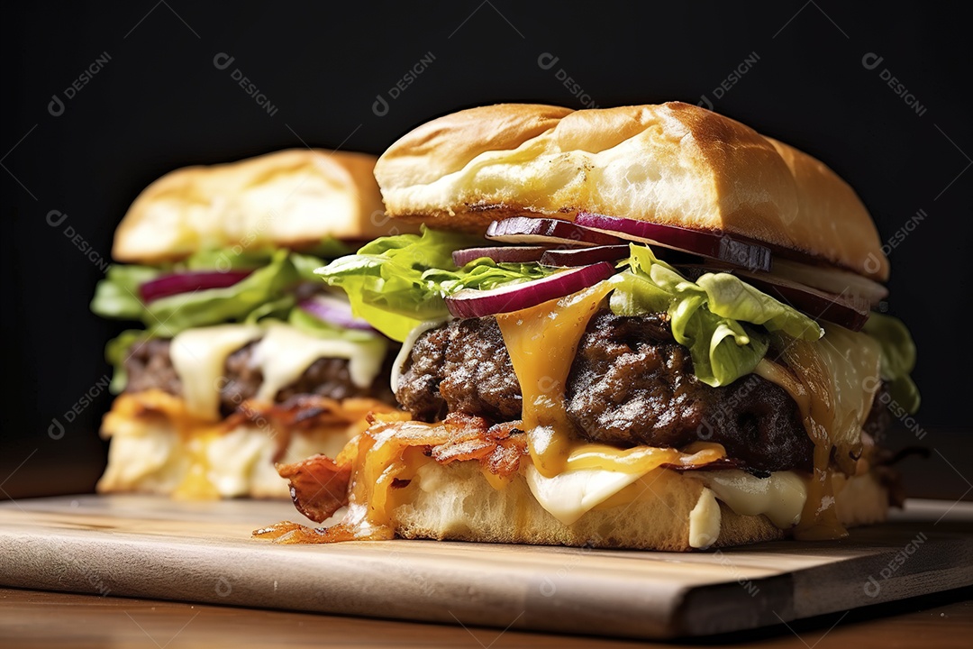 Hambúrguer saboroso de carne com queijo e salada