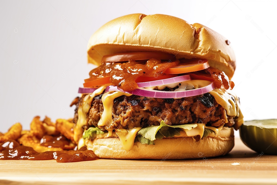 Hambúrguer saboroso de carne com queijo e salada