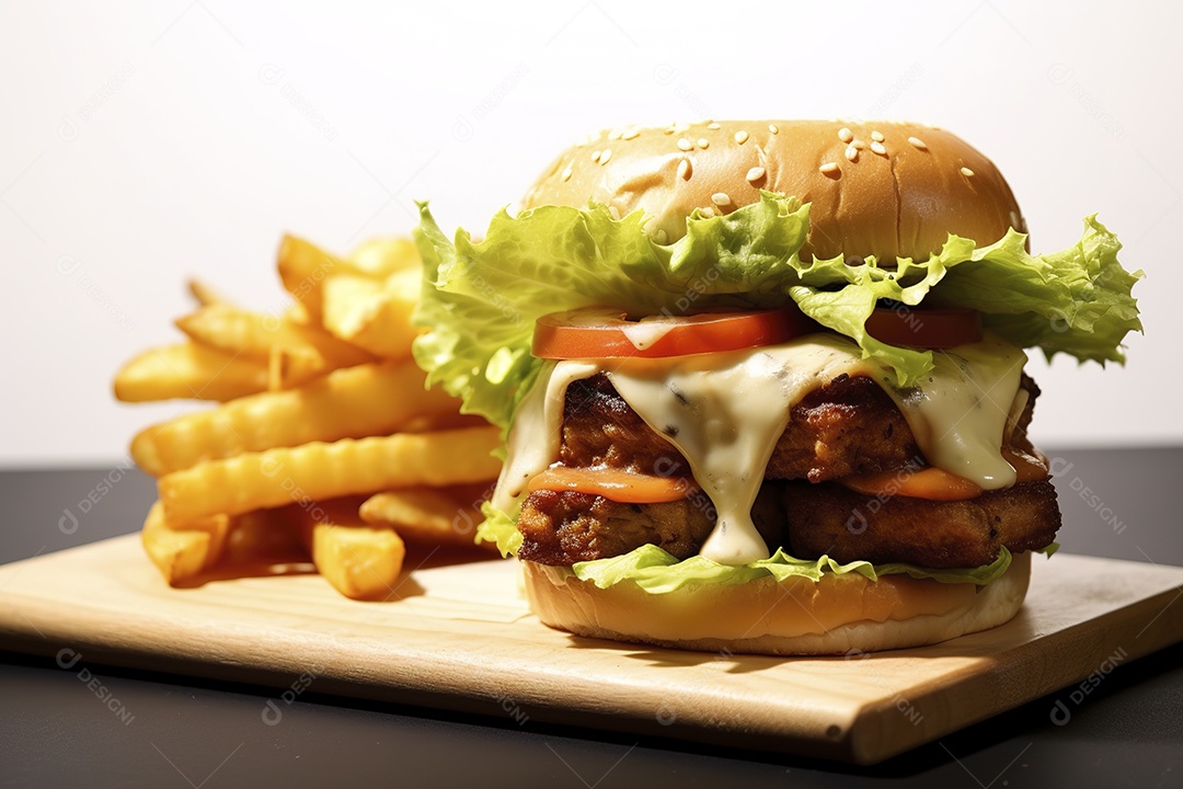 Hambúrguer saboroso de carne com queijo e salada