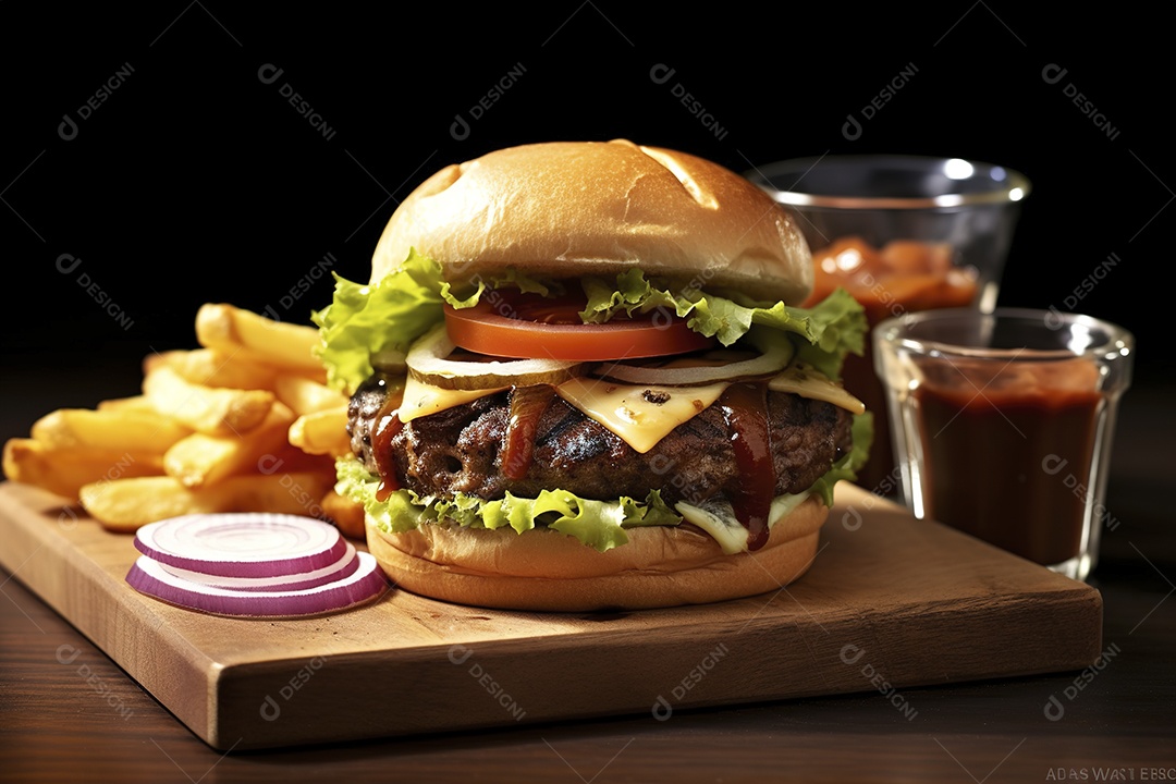 Hambúrguer saboroso de carne com queijo e salada