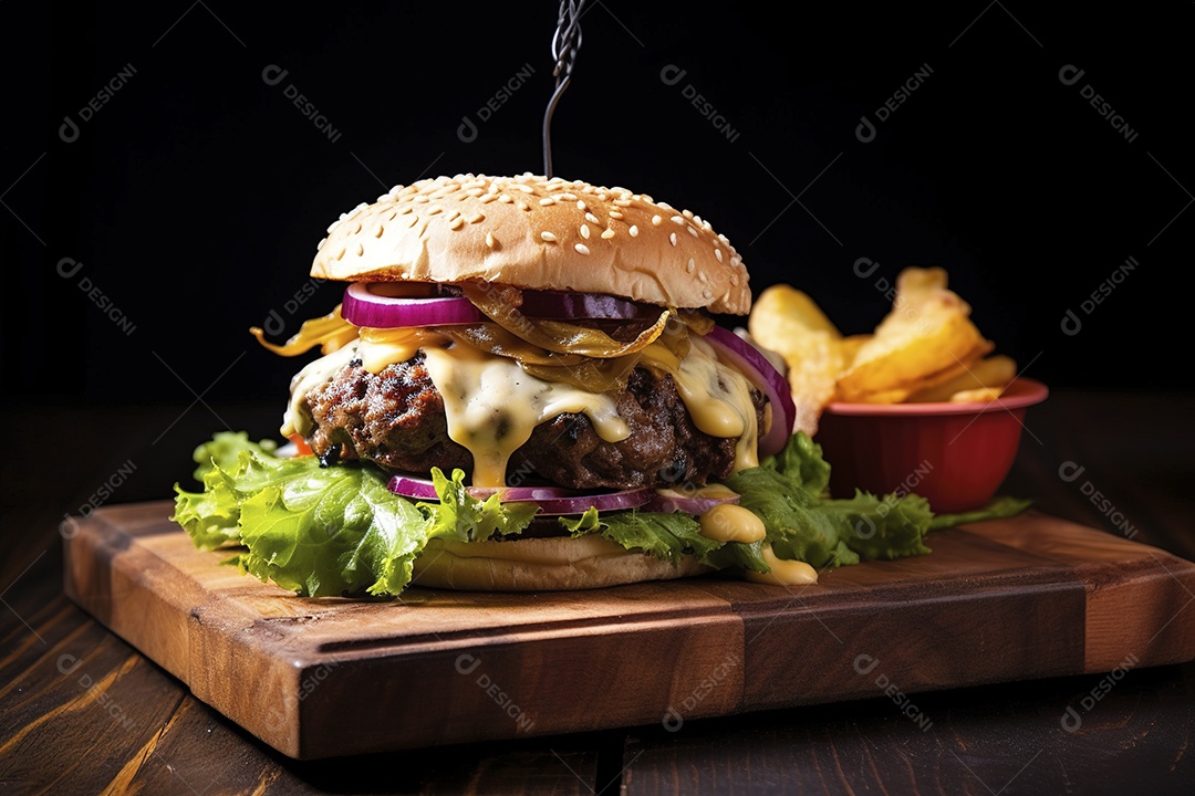 Hambúrguer saboroso de carne com queijo e salada