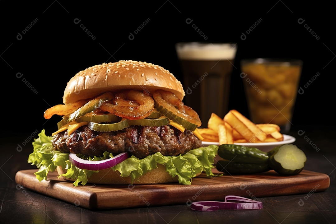 Hambúrguer saboroso de carne com queijo e salada