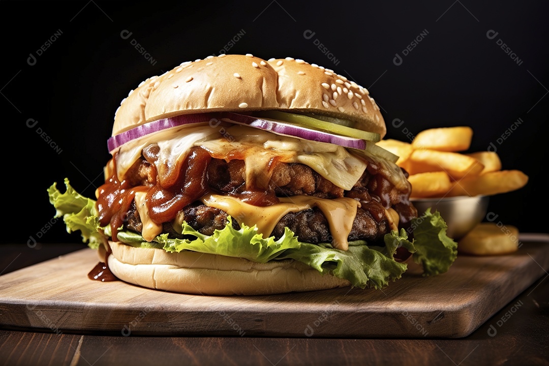 Hambúrguer saboroso de carne com queijo e salada