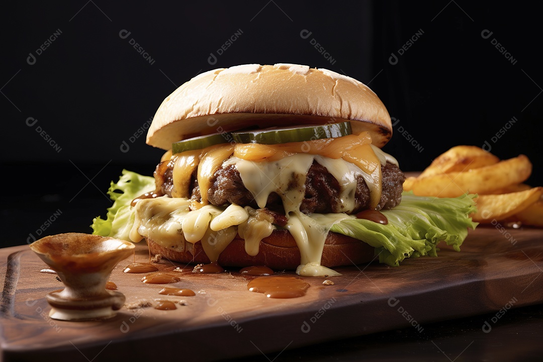 Hambúrguer saboroso de carne com queijo e salada